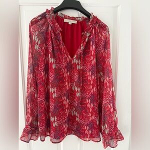 LOFT Red and Blue Leaf Print Blouse